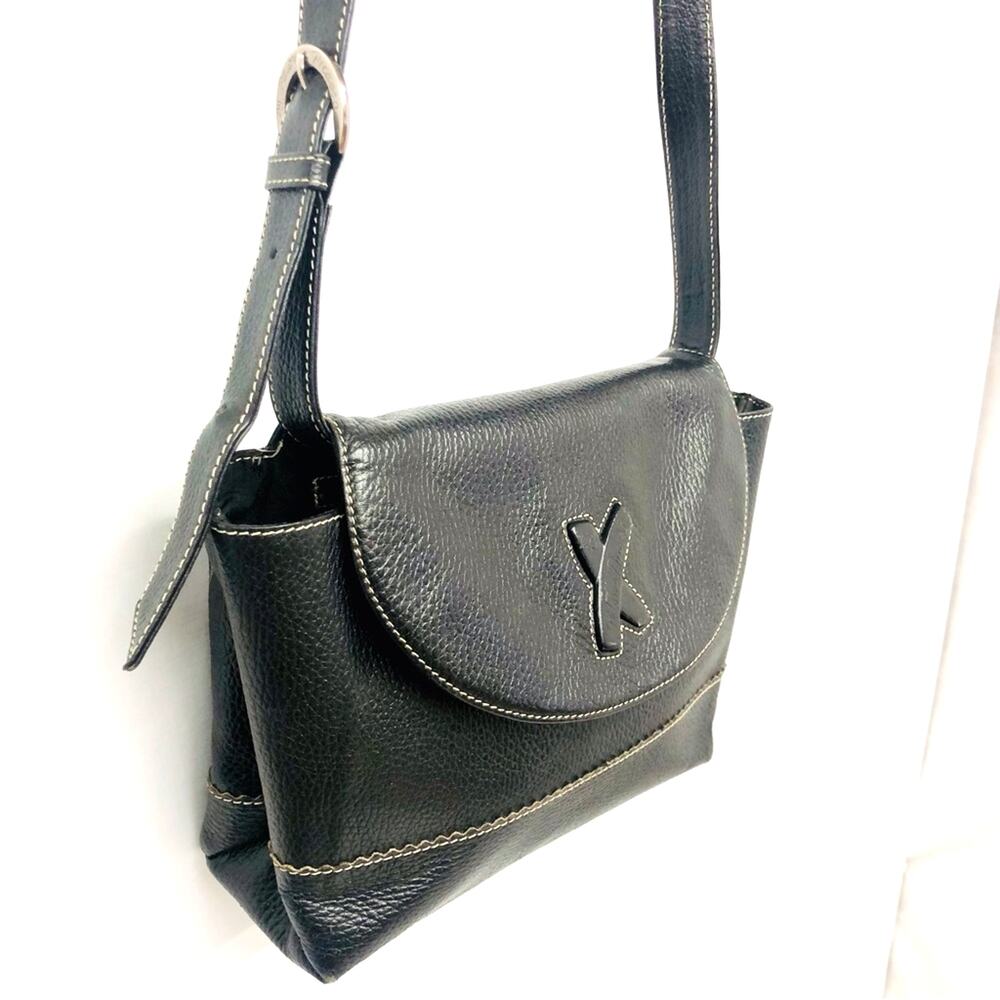 Vintage Black Shoulder Bag Embossed Logo Adjustable Strap with silvertone buckle - Picture 3 of 16